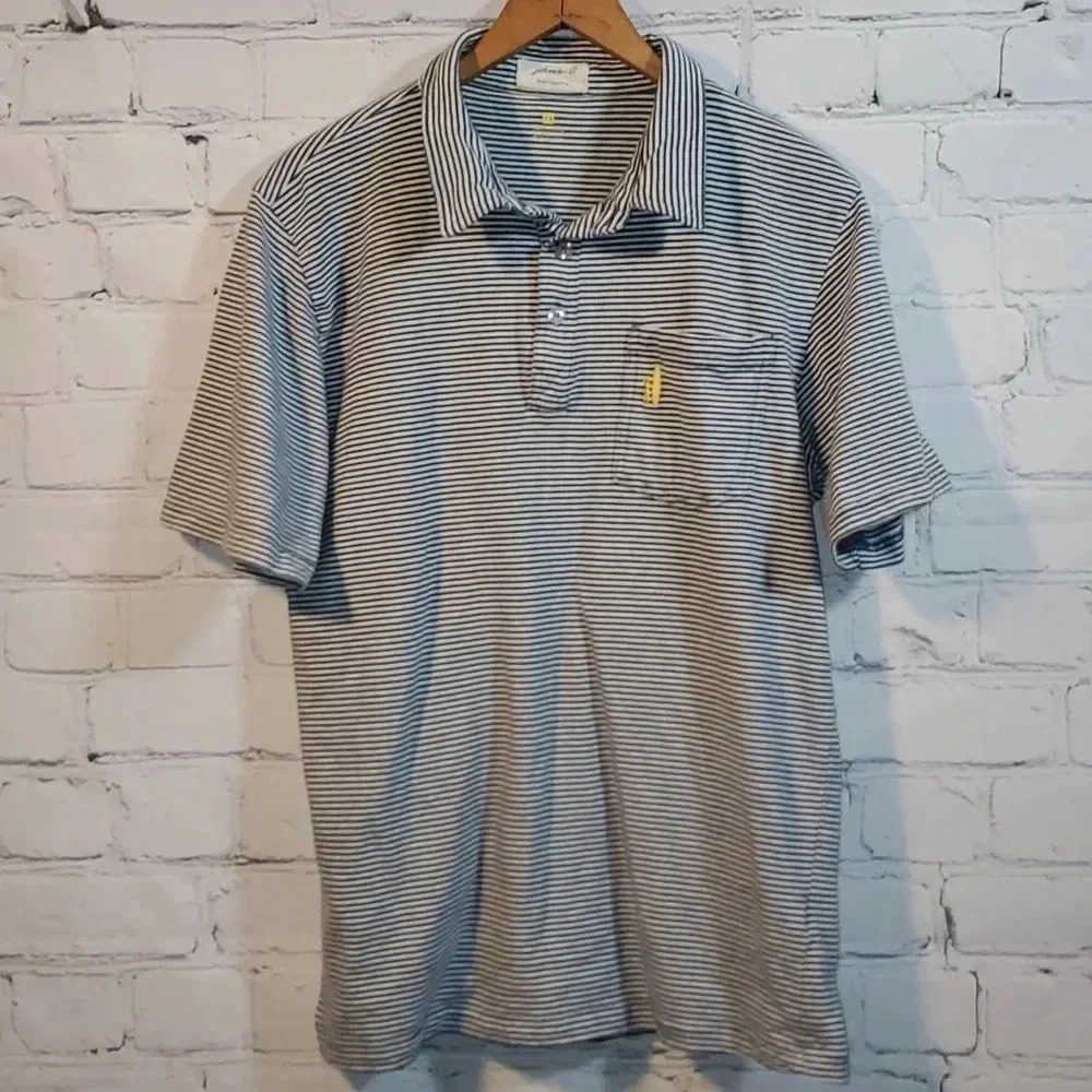 Johnnie-O Cotton Polo w Front Pocket Blue and White Stripes West Coast Prep 14